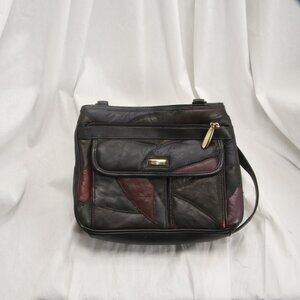 Patchwork Patent leather purse, black with burgundy, gold accents